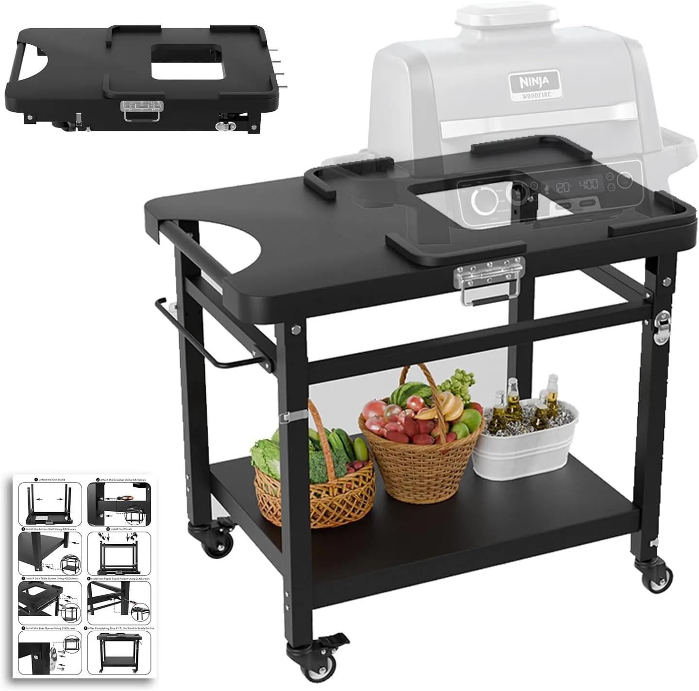 Outdoor Grill Table for Ninja Woodfire Series, Griddle Stand for Ninja XSKUNSTAND OG700 OG800 OG900 Series OO101 Woodfire Pizza Oven Table Stand, Folding Grill Cart with Lockable Wheels & Double-shelf