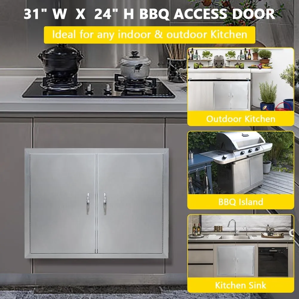Outdoor Kitchen Doors 31W x 24H Inch, 304 Stainless Steel Access Doors, Double Wall Construction Vertical BBQ Doors for BBQ Island, Grilling Station, Outdoor Cabinet