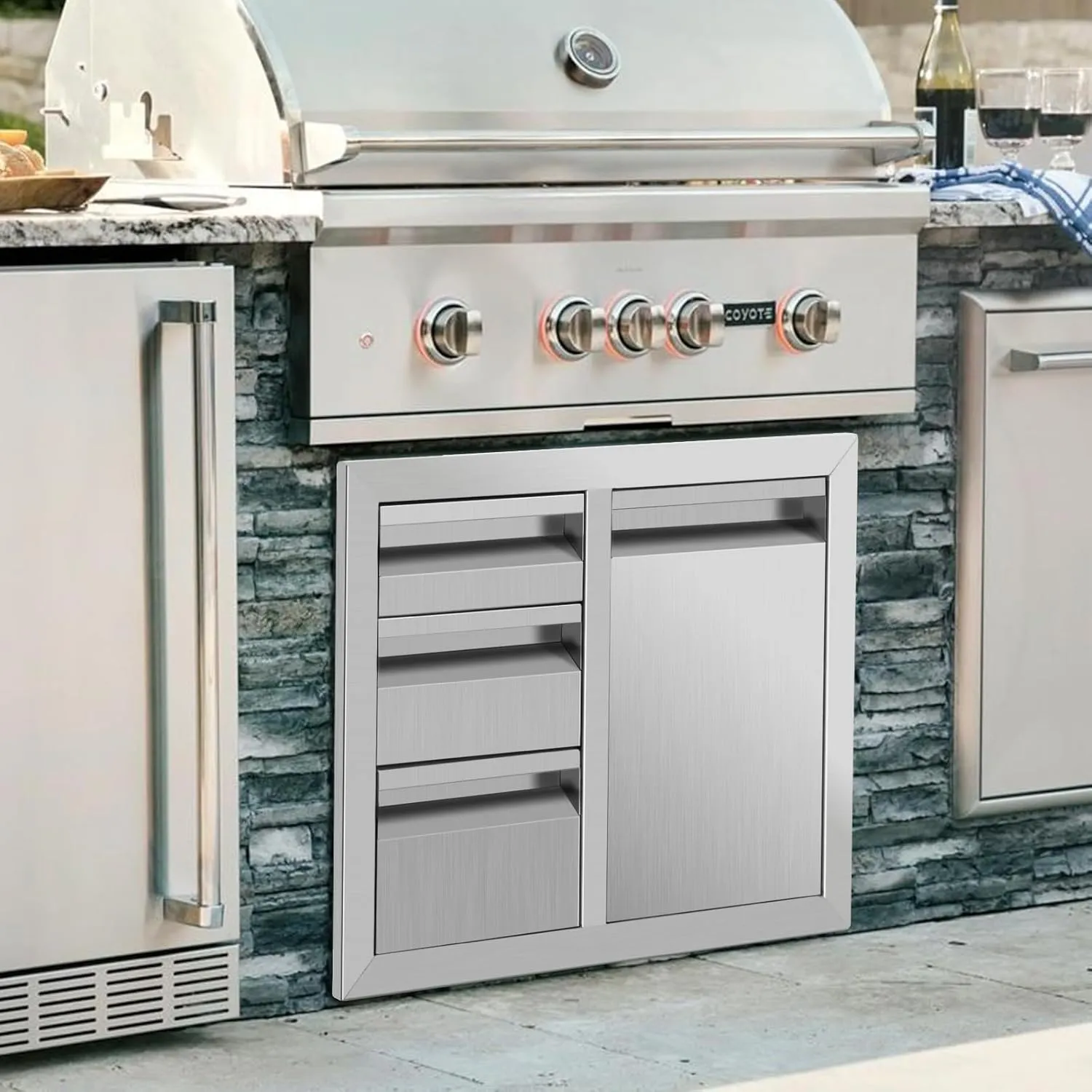 Outdoor Kitchen Drawer Combo 29.5" W x 22.6" H x 21.7" D BBQ Access Triple Propane Drawers Combo with Welded Trash Ring for BBQ Island Grill Station