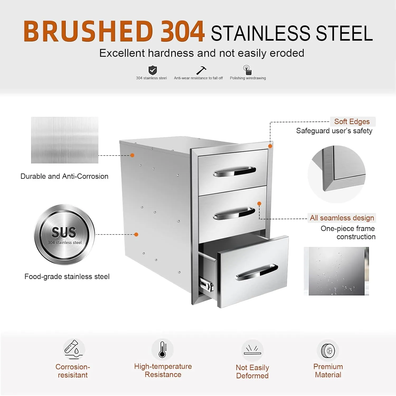Outdoor Kitchen Drawers 14'' W x 21'' H x 21'' D, Flush Mount Triple Access BBQ Drawers,BBQ Island Drawers for Outdoor Kitchens or BBQ Island Patio Grill Station, Silver