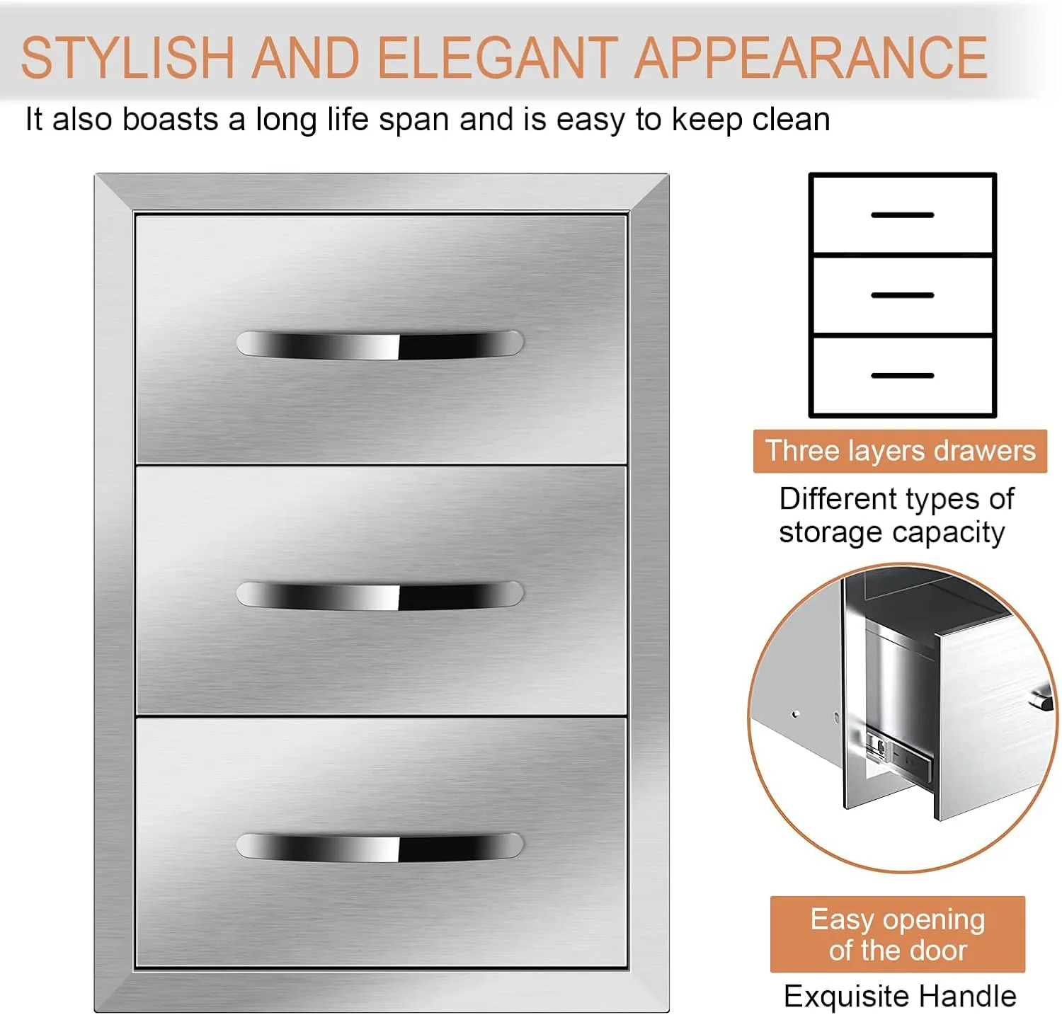 Outdoor Kitchen Drawers 14'' W x 21'' H x 21'' D, Flush Mount Triple Access BBQ Drawers,BBQ Island Drawers for Outdoor Kitchens or BBQ Island Patio Grill Station, Silver