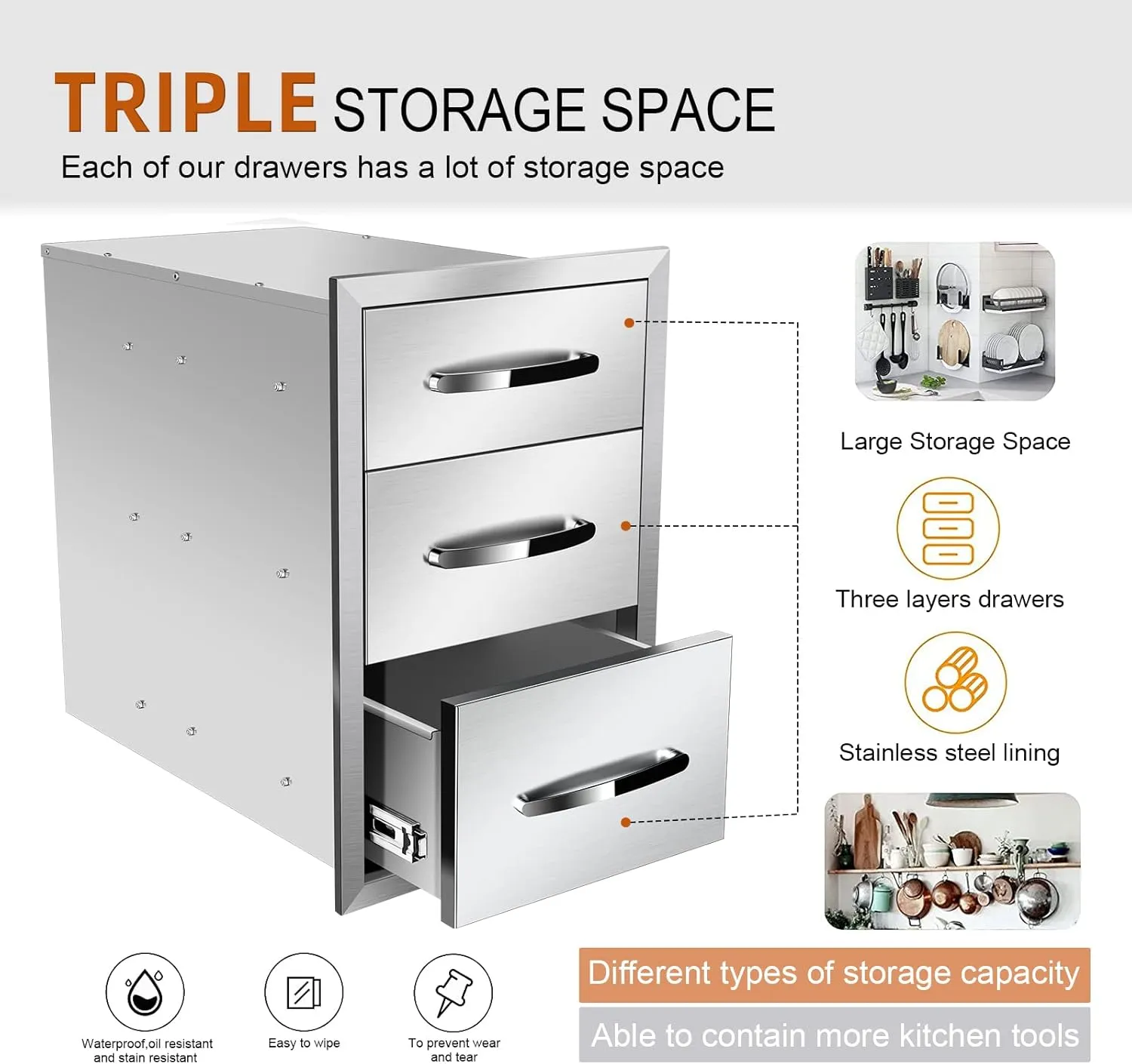 Outdoor Kitchen Drawers 14'' W x 21'' H x 21'' D, Flush Mount Triple Access BBQ Drawers,BBQ Island Drawers for Outdoor Kitchens or BBQ Island Patio Grill Station, Silver
