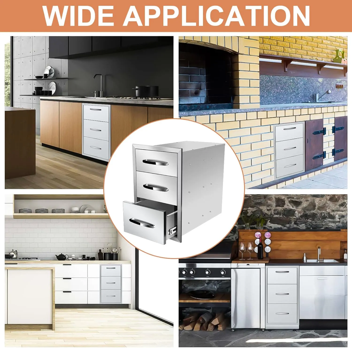 Outdoor Kitchen Drawers 14'' W x 21'' H x 21'' D, Flush Mount Triple Access BBQ Drawers,BBQ Island Drawers for Outdoor Kitchens or BBQ Island Patio Grill Station, Silver