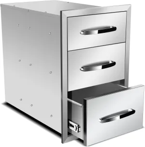Outdoor Kitchen Drawers 14'' W x 21'' H x 21'' D, Flush Mount Triple Access BBQ Drawers,BBQ Island Drawers for Outdoor Kitchens or BBQ Island Patio Grill Station, Silver