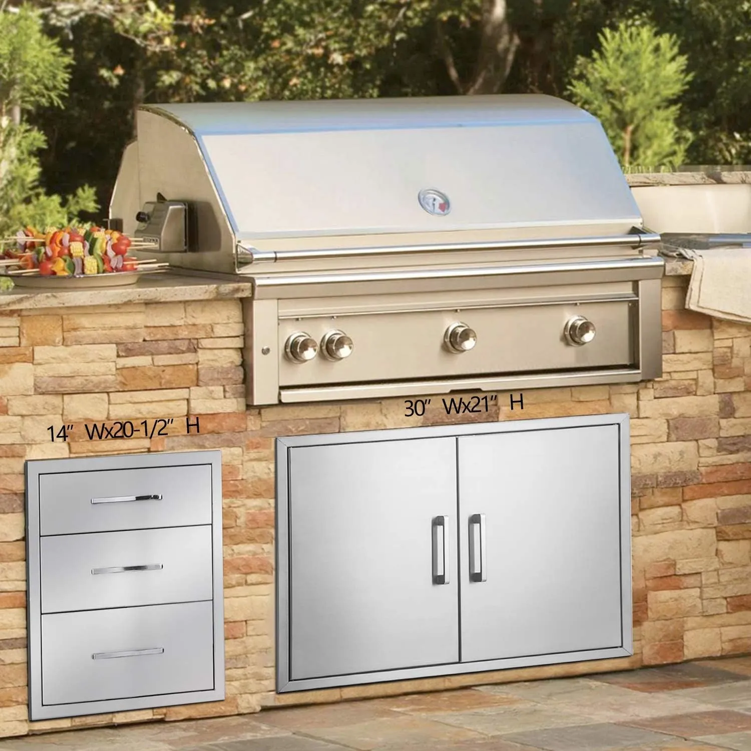 Outdoor Kitchen Drawers Stainless Steel 3-Drawer BBQ Drawer 14" W x 20.5" H x 23" D Enclosed Built-in Drawer Flush Mount for Outdoor Kitchens & BBQ Islands