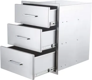 Outdoor Kitchen Drawers Stainless Steel 3-Drawer BBQ Drawer 14" W x 20.5" H x 23" D Enclosed Built-in Drawer Flush Mount for Outdoor Kitchens & BBQ Islands