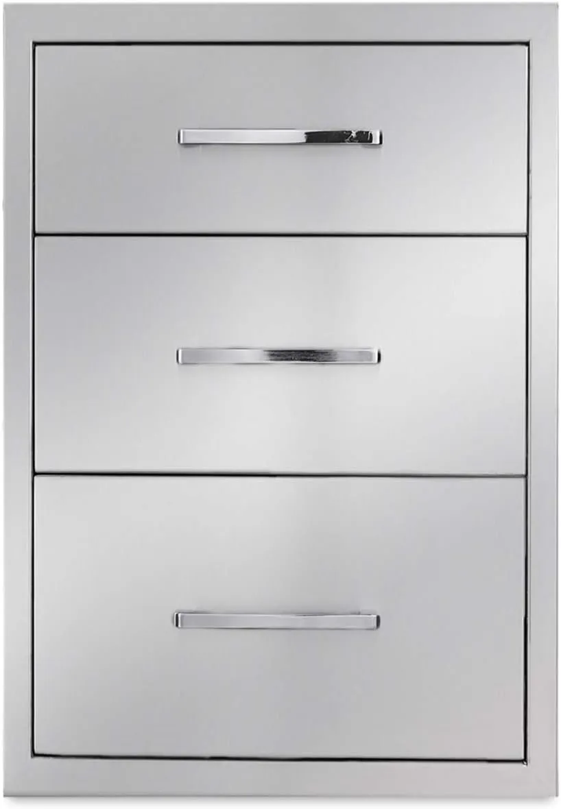Outdoor Kitchen Drawers Stainless Steel 3-Drawer BBQ Drawer 14" W x 20.5" H x 23" D Enclosed Built-in Drawer Flush Mount for Outdoor Kitchens & BBQ Islands