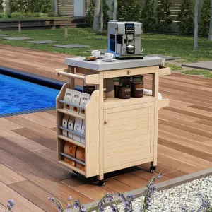 Outdoor Kitchen Island with Stainless Steel Countertop & Solid Wood Cabinets, Mobile BBQ Cart Grill Table with Lockable Wheels,Coffee car, Patio, Garden (Wood Color)