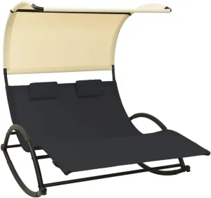 Outdoor Lounge Chair, Chaise Lounge for Patio & Lawn, Outdoor Patio Furniture,Pool Lounge Chairs,for Camping, Lakeside, Double Sun Lounger with Canopy Textilene Black and Cream