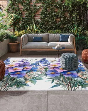 Outdoor Rug, Spring Purple Flower Lavender Absorbant Non-Slip Area Rugs Mat Carpet for Patio Balcony Porch Backyard Deck Rv Camping 5x8ft Watercolor Gradient Floral Leaf