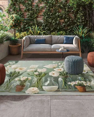 Outdoor Rug, Summer Flower Green Leaves Absorbant Non-Slip Area Rugs Mat Carpet for Patio Balcony Porch Backyard Deck Rv Camping 5x8ft Watercolor Oil Painting Art