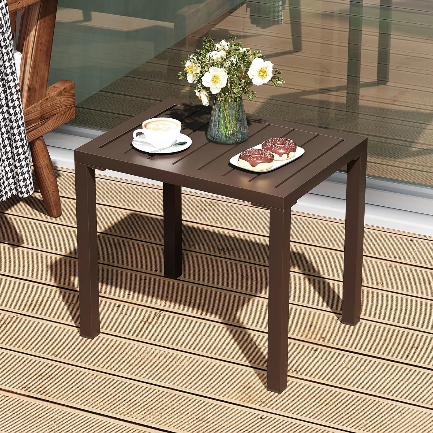 Outdoor Side Table Aluminum Small Outdoor Coffee Table Metal Outdoor End Table Outside Side Table for Patio Garden Bistro Poolside(Brown)
