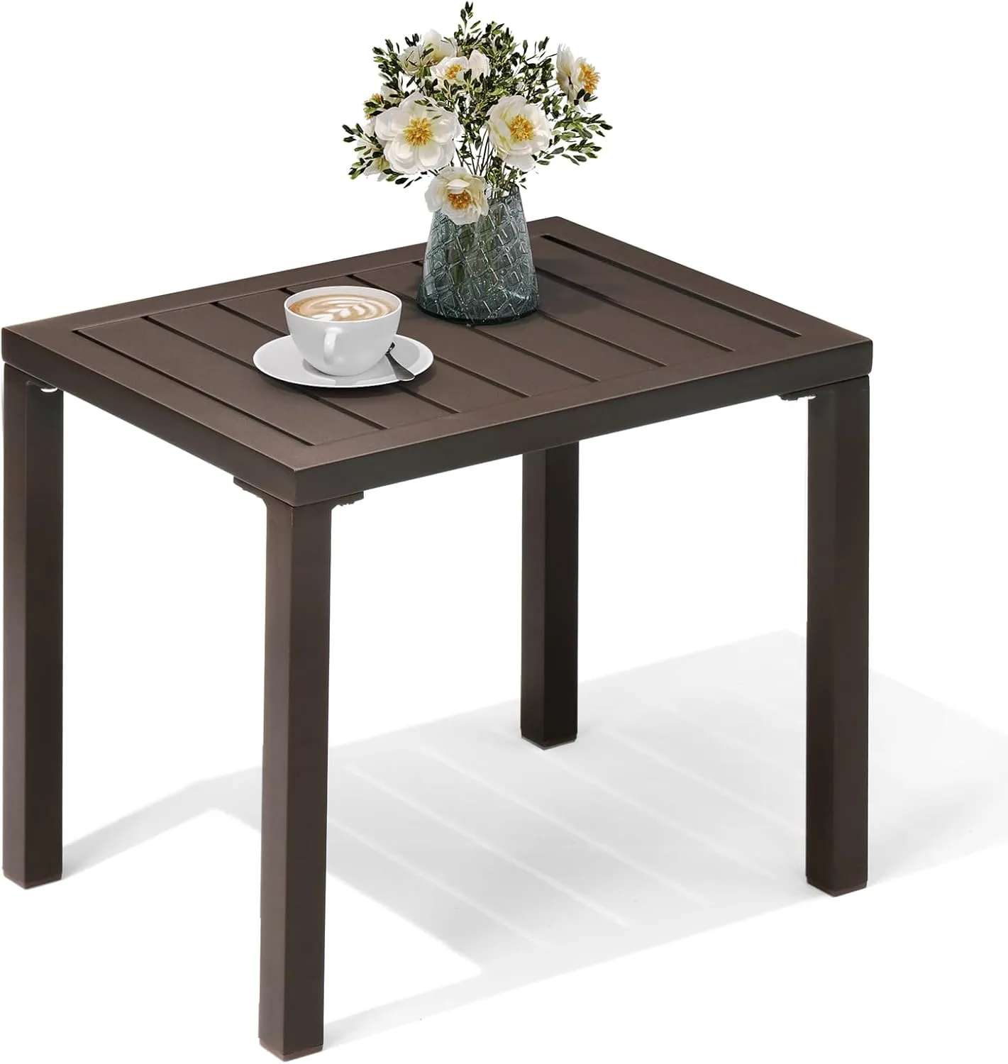 Outdoor Side Table Aluminum Small Outdoor Coffee Table Metal Outdoor End Table Outside Side Table for Patio Garden Bistro Poolside(Brown)