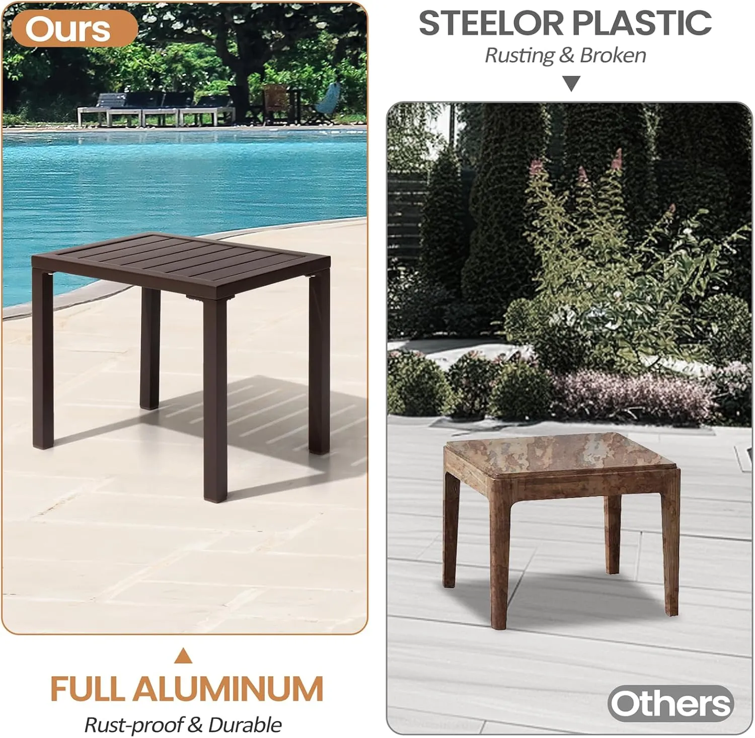 Outdoor Side Table Aluminum Small Outdoor Coffee Table Metal Outdoor End Table Outside Side Table for Patio Garden Bistro Poolside(Brown)