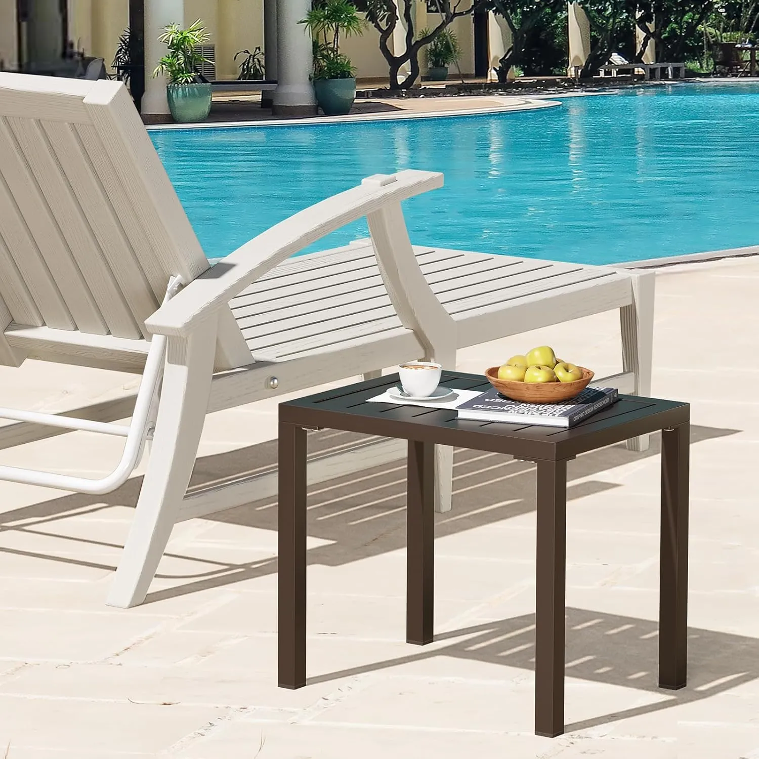 Outdoor Side Table Aluminum Small Outdoor Coffee Table Metal Outdoor End Table Outside Side Table for Patio Garden Bistro Poolside(Brown)