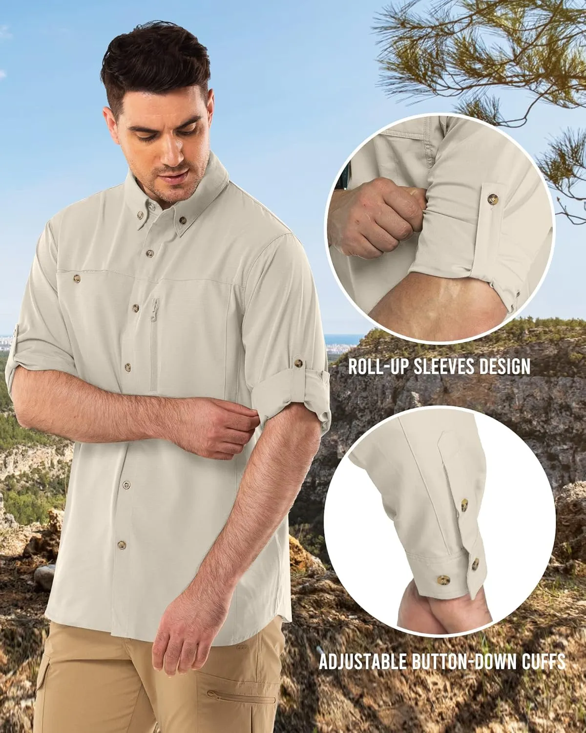 Outdoor Ventures Men's Long Sleeve Hiking Shirt UPF 50 UV Sun Protection Shirt Cooling Quick Dry for Travel Fishing Safari