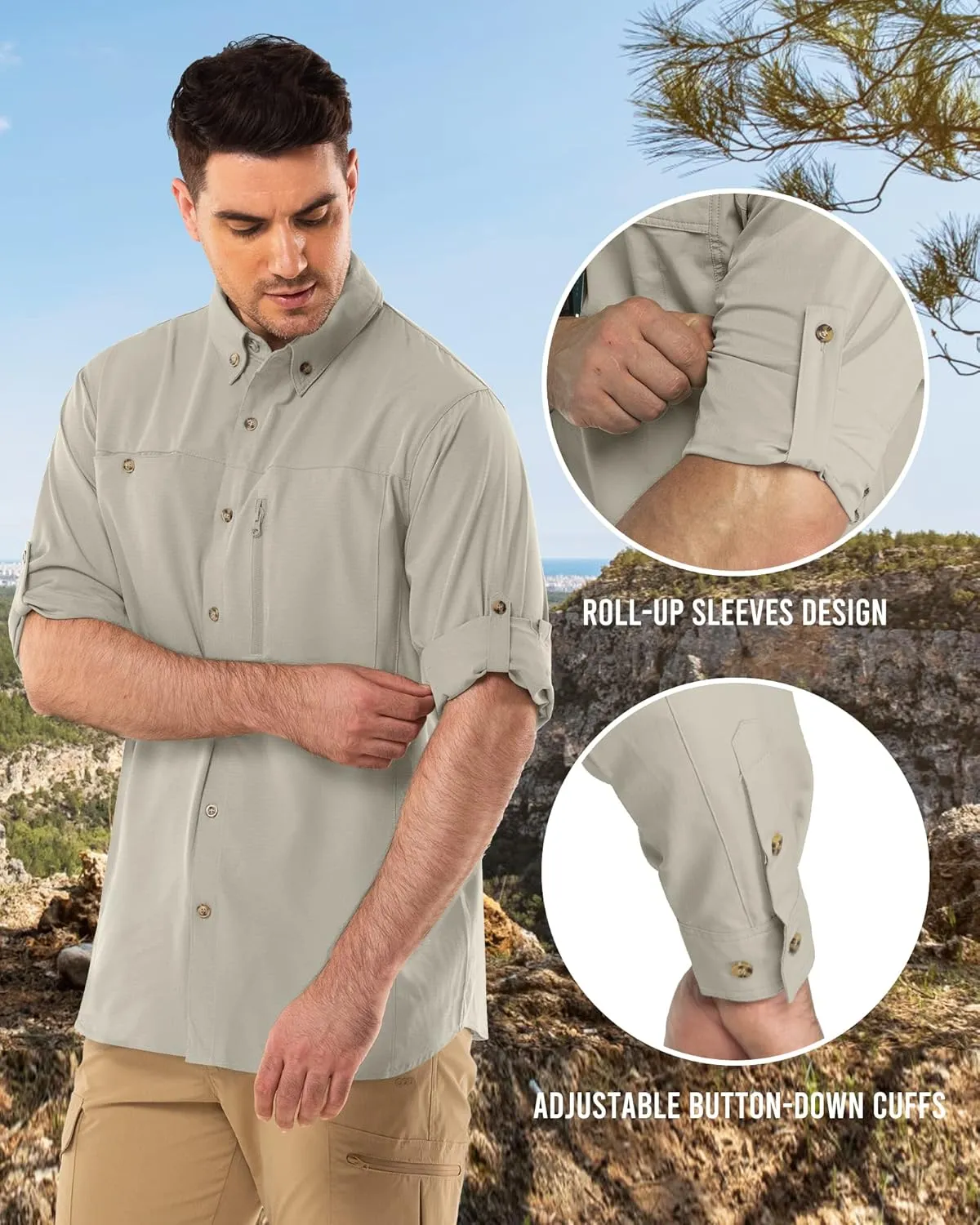 Outdoor Ventures Men's Long Sleeve Hiking Shirt UPF 50 UV Sun Protection Shirt Cooling Quick Dry for Travel Fishing Safari