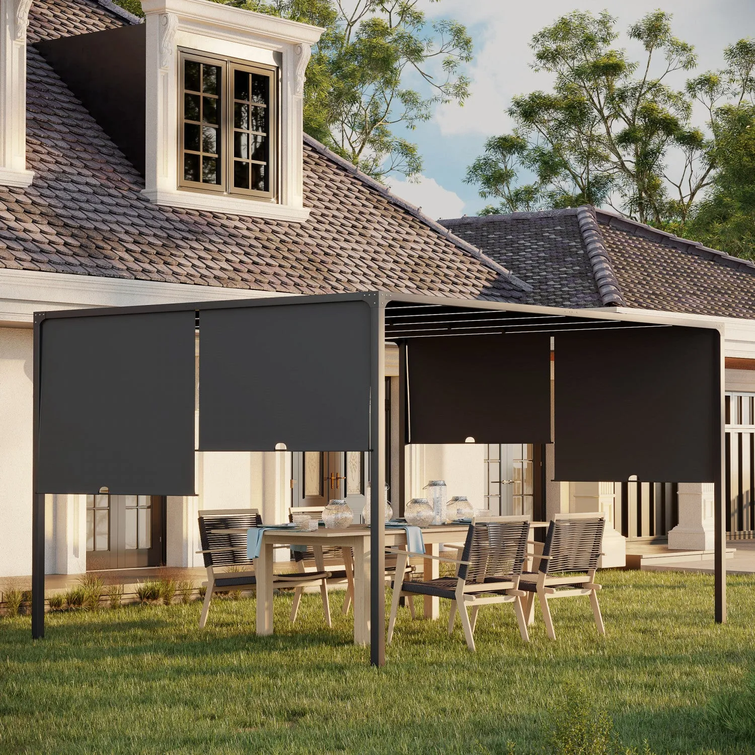 Outsunny 10'x13' Outdoor Pergola W/ LED Lights, Retractable Roof, Grey|Outsunny Pergola Exterieure 10'x13', Lumieres LED, Toit Retractable, Gris