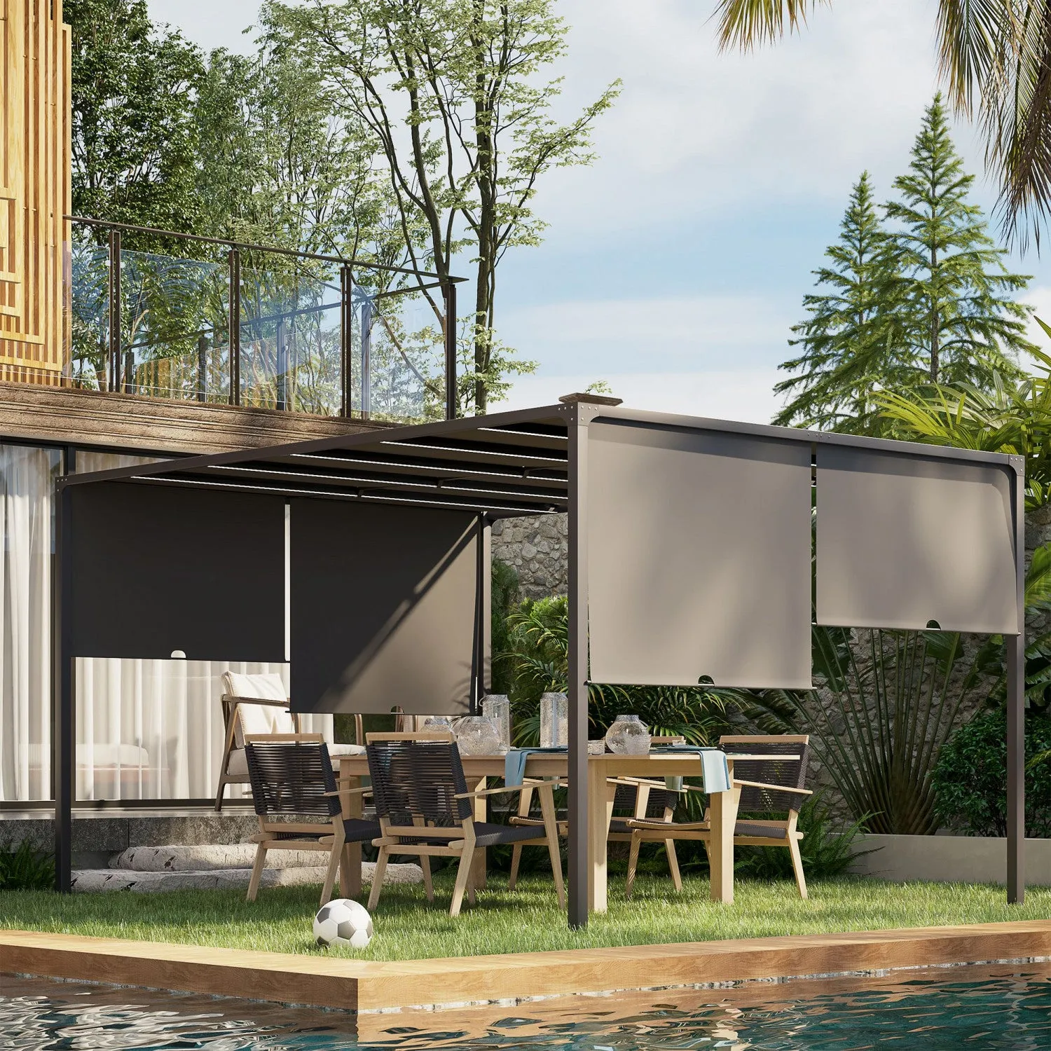 Outsunny 10'x13' Outdoor Pergola W/ LED Lights, Retractable Roof, Grey|Outsunny Pergola Exterieure 10'x13', Lumieres LED, Toit Retractable, Gris
