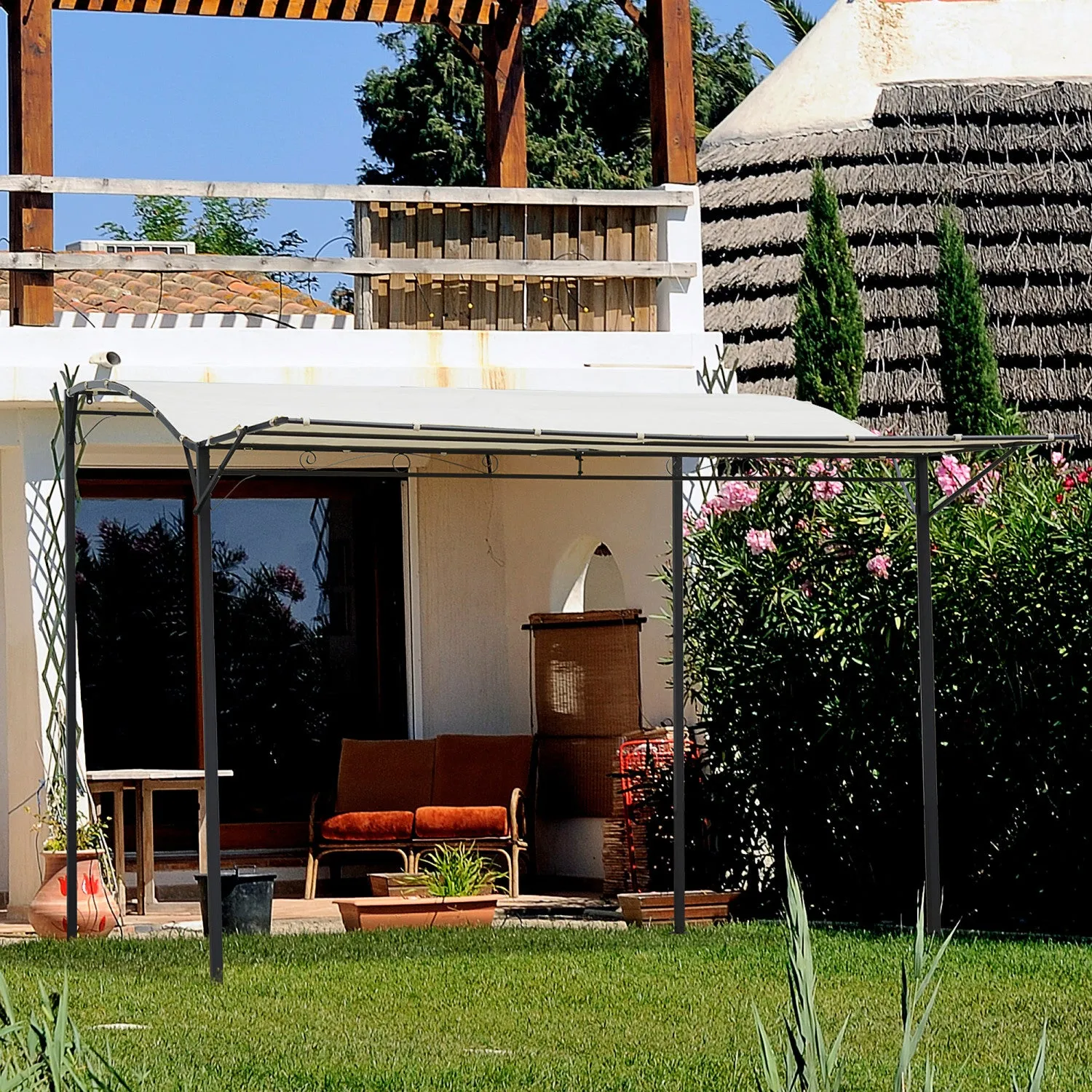 Outsunny 10x8ft Patio Metal Gazebo With Extendable Side Awning Outdoor Shelter Garden Sun Shade Cano|Outsunny 10x8pi Tonnelle De Terrasse En Metal Avec Auvent Lateral Extensible Abri Exterieur Jardin P