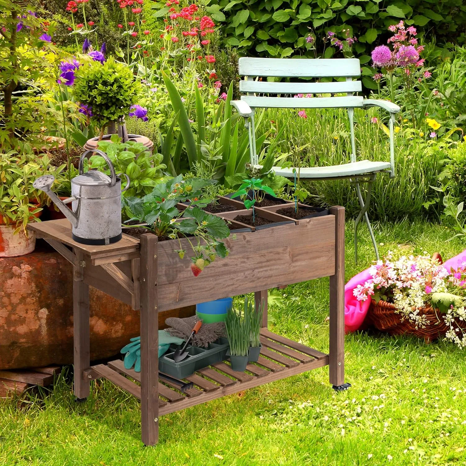 Outsunny Raised Garden Bed with 8 Grow Grids, Wooden Outdoor Plant Box Stand with Folding Side Table and Wheels, 49" x 21" x 34", for Vegetables, Flowers, Herbs, Brown