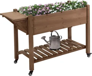 Outsunny Raised Garden Bed with 8 Grow Grids, Wooden Outdoor Plant Box Stand with Folding Side Table and Wheels, 49" x 21" x 34", for Vegetables, Flowers, Herbs, Brown