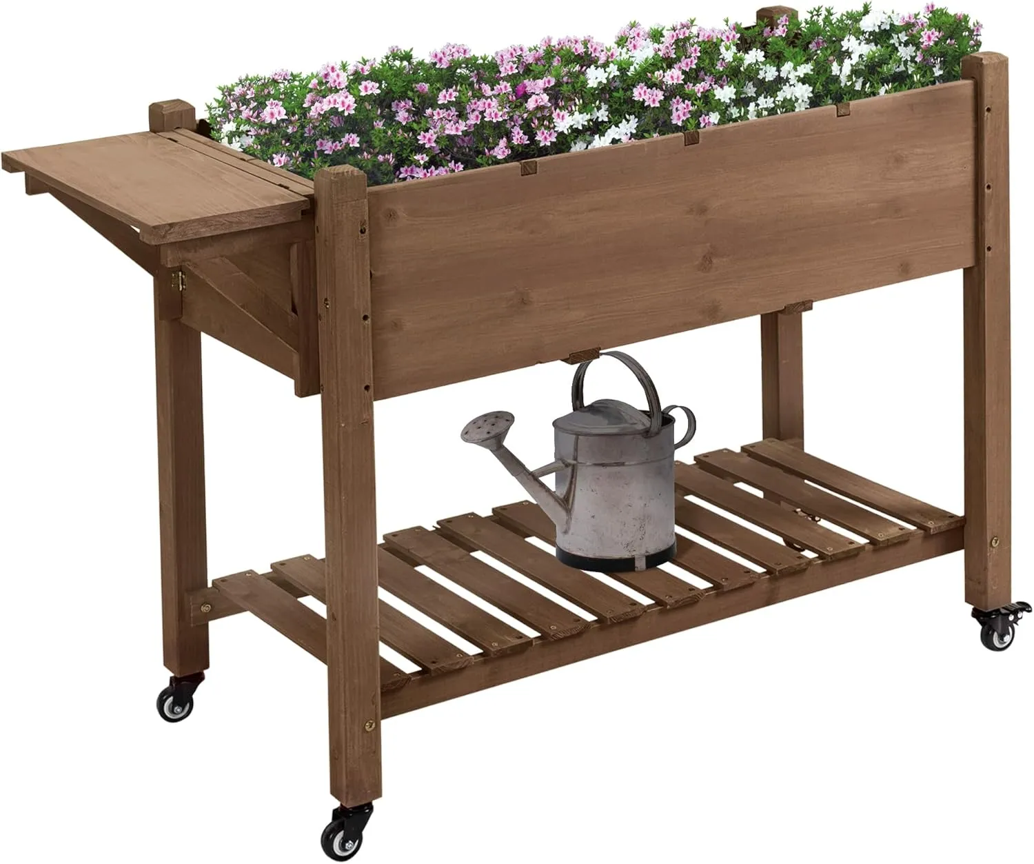 Outsunny Raised Garden Bed with 8 Grow Grids, Wooden Outdoor Plant Box Stand with Folding Side Table and Wheels, 49" x 21" x 34", for Vegetables, Flowers, Herbs, Brown
