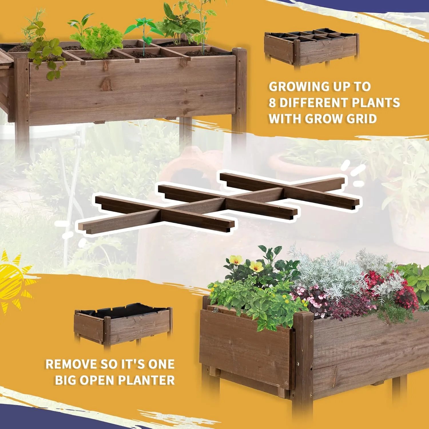 Outsunny Raised Garden Bed with 8 Grow Grids, Wooden Outdoor Plant Box Stand with Folding Side Table and Wheels, 49" x 21" x 34", for Vegetables, Flowers, Herbs, Brown