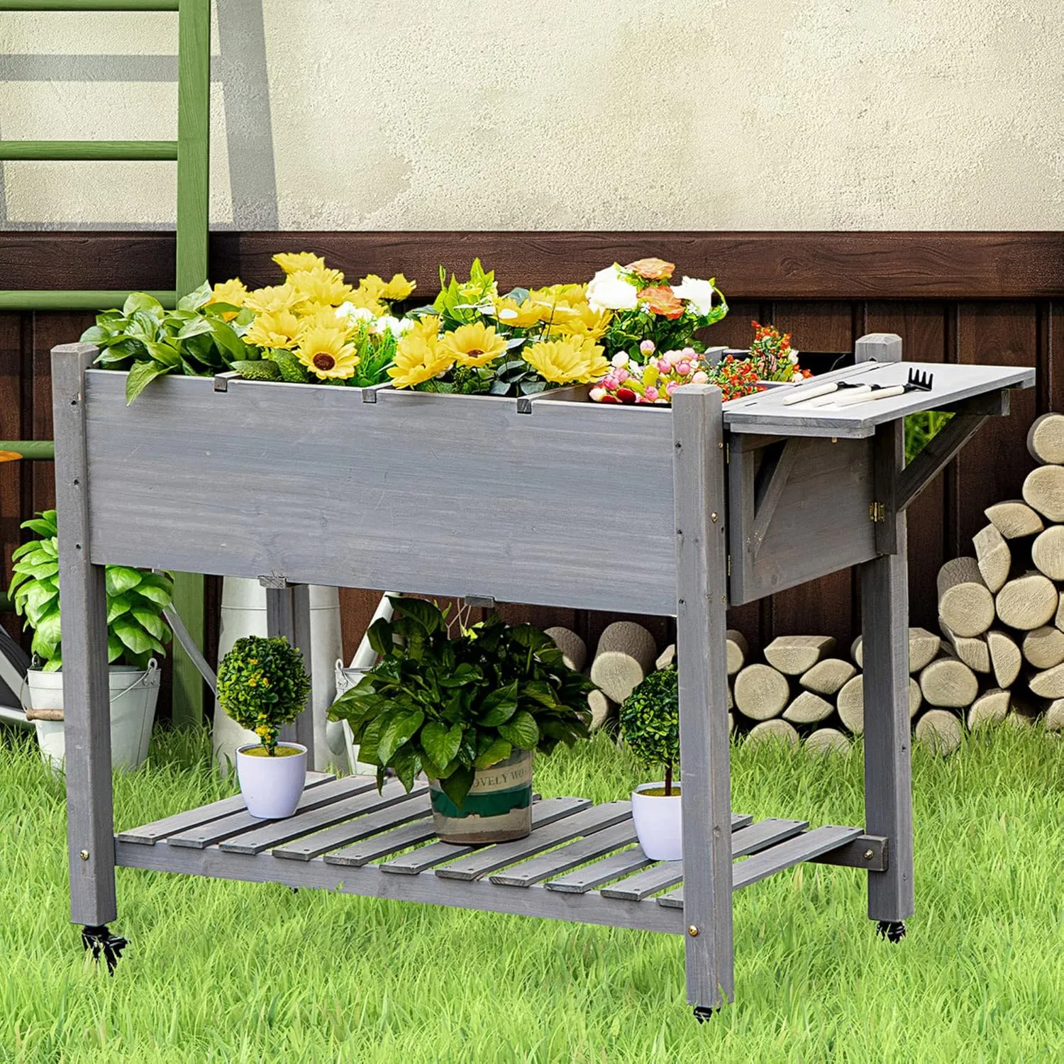 Outsunny Raised Garden Bed with 8 Grow Grids, Wooden Outdoor Plant Box Stand with Folding Side Table and Wheels, 49" x 21" x 34", for Vegetables, Flowers, Herbs, Gray