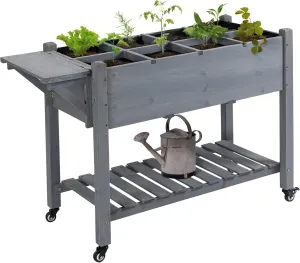 Outsunny Raised Garden Bed with 8 Grow Grids, Wooden Outdoor Plant Box Stand with Folding Side Table and Wheels, 49" x 21" x 34", for Vegetables, Flowers, Herbs, Gray