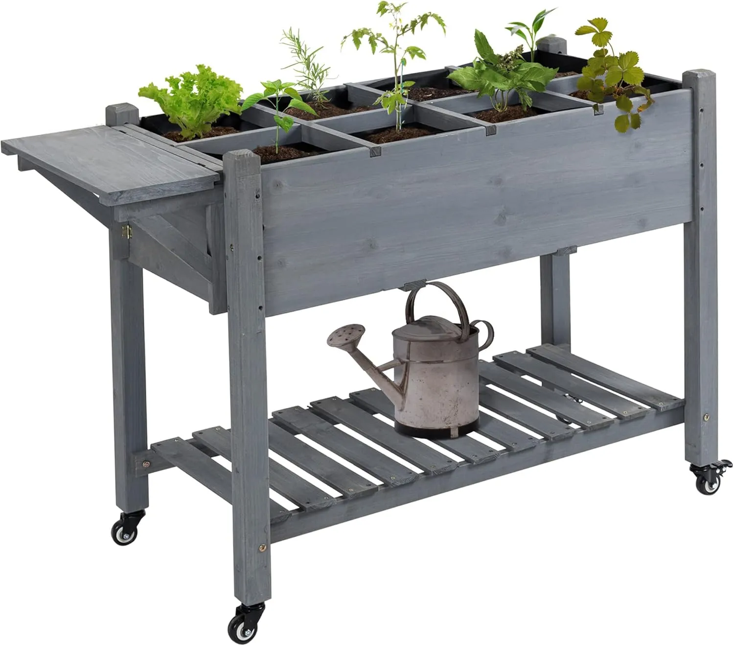 Outsunny Raised Garden Bed with 8 Grow Grids, Wooden Outdoor Plant Box Stand with Folding Side Table and Wheels, 49" x 21" x 34", for Vegetables, Flowers, Herbs, Gray