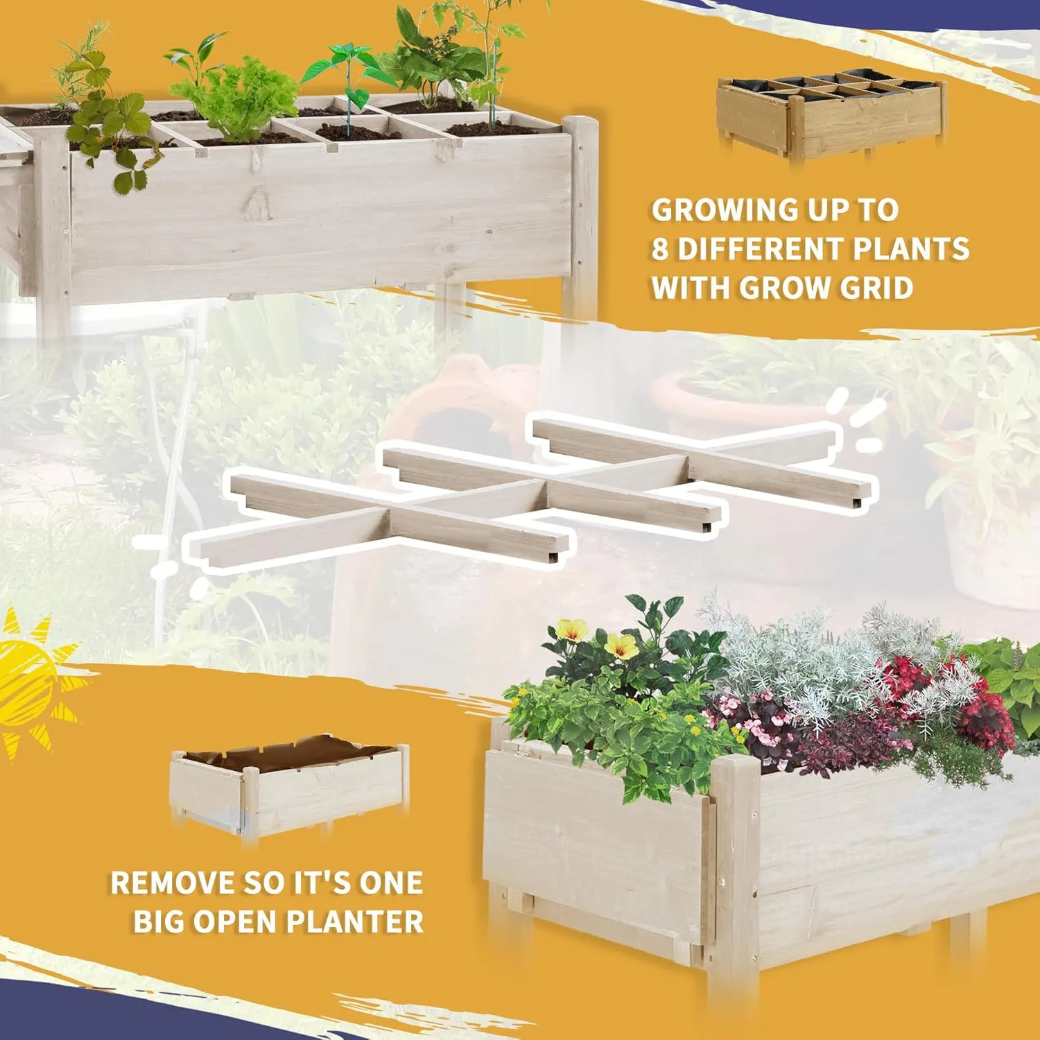 Outsunny Raised Garden Bed with 8 Grow Grids, Wooden Outdoor Plant Box Stand with Folding Side Table and Wheels, 49" x 21" x 34", for Vegetables, Flowers, Herbs, Natural