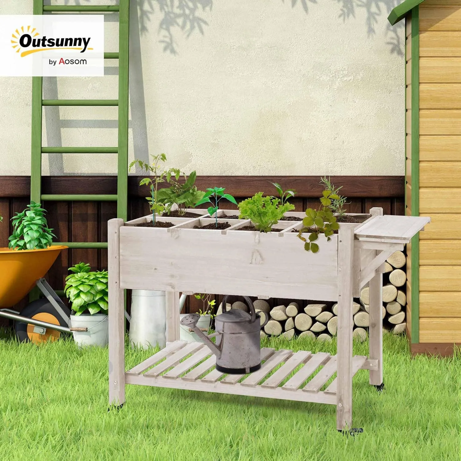 Outsunny Raised Garden Bed with 8 Grow Grids, Wooden Outdoor Plant Box Stand with Folding Side Table and Wheels, 49" x 21" x 34", for Vegetables, Flowers, Herbs, Natural