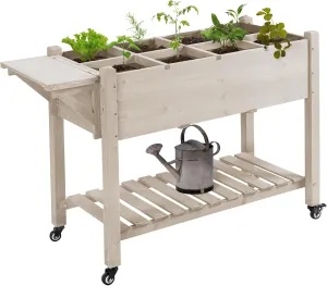 Outsunny Raised Garden Bed with 8 Grow Grids, Wooden Outdoor Plant Box Stand with Folding Side Table and Wheels, 49" x 21" x 34", for Vegetables, Flowers, Herbs, Natural