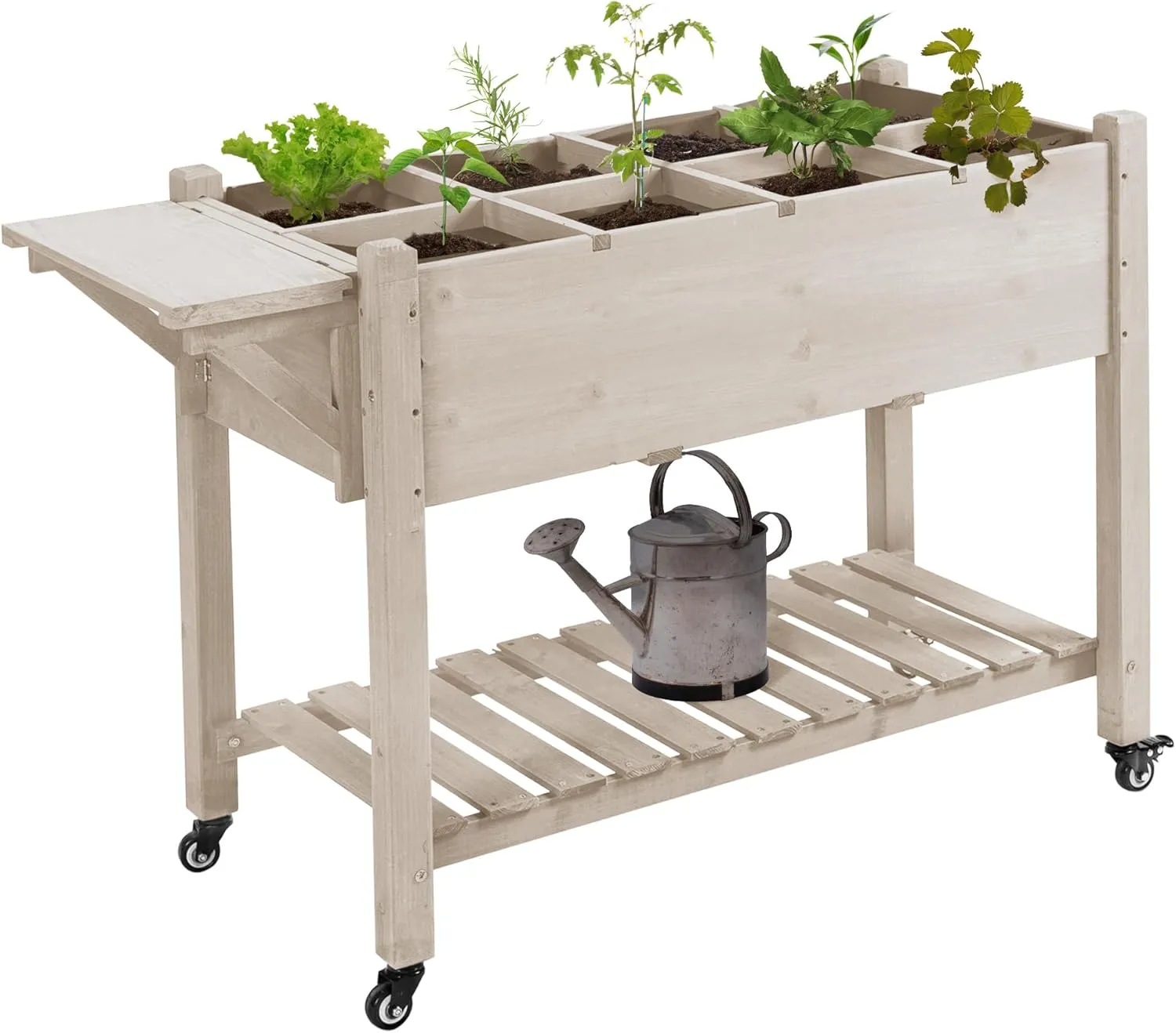 Outsunny Raised Garden Bed with 8 Grow Grids, Wooden Outdoor Plant Box Stand with Folding Side Table and Wheels, 49" x 21" x 34", for Vegetables, Flowers, Herbs, Natural