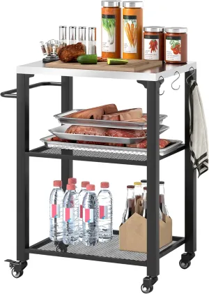 Outsunny Three-Shelf Outdoor Grill Cart with Stainless Steel Tabletop, 22" x 16.1" Multifunctional Pizza Oven Table with Hooks, Side Handle, Movable Food Prep Table with Wheels