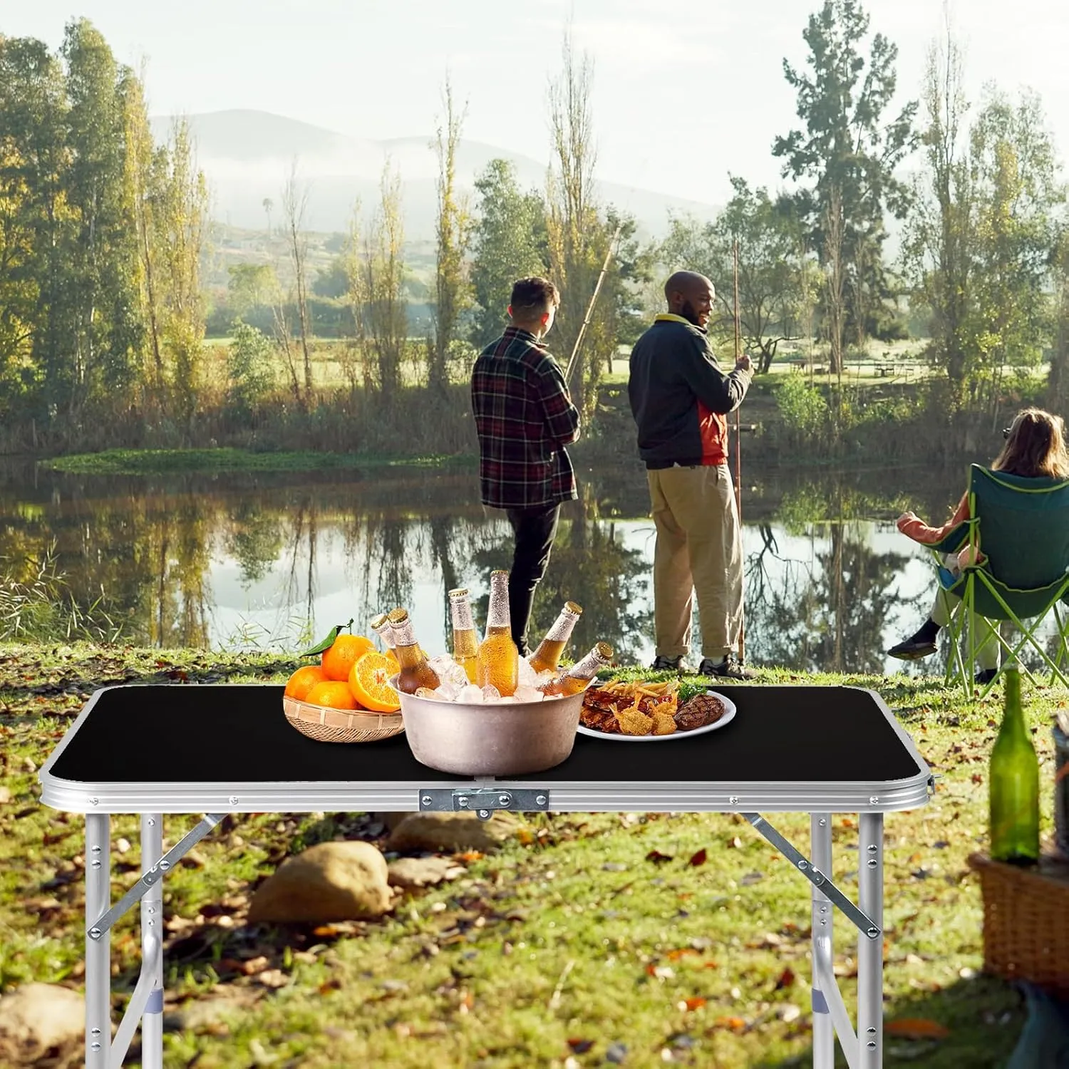 Outvita 3ft Portable Folding Camping Table, Outdoor Waterproof Adjustable Height Table, Aluminum Lightweight Suitcase Foldable Table for Picnic BBQ Beach Dining