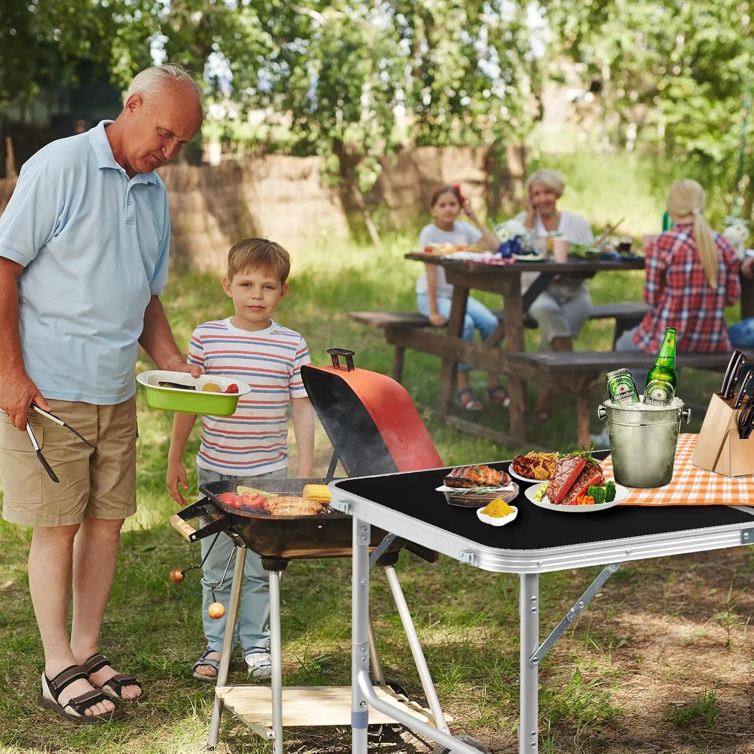 Outvita 3ft Portable Folding Camping Table, Outdoor Waterproof Adjustable Height Table, Aluminum Lightweight Suitcase Foldable Table for Picnic BBQ Beach Dining