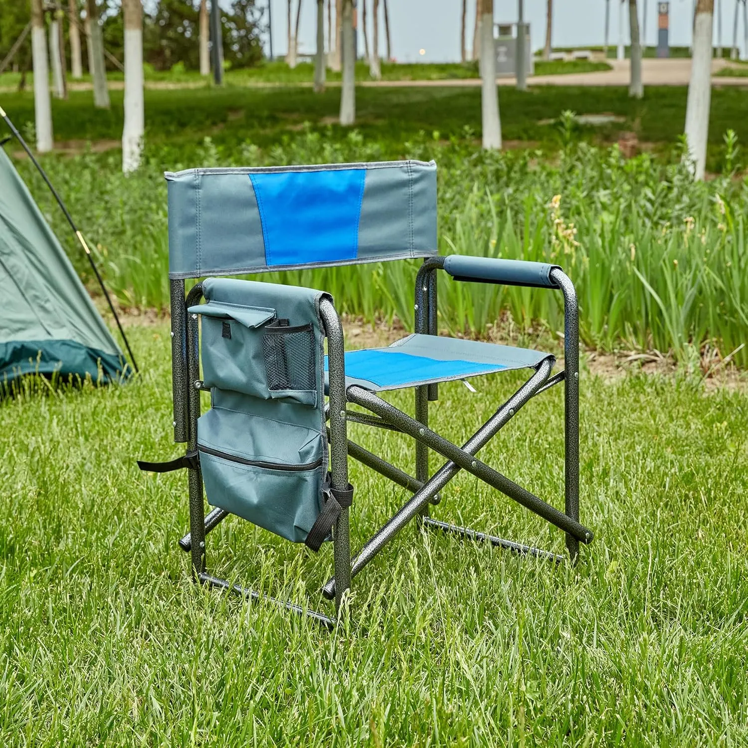 Oversized Padded Folding Chair with Side Table - 400lb Capacity Portable Directors Chair for Camping Picnics Fishing Indoor Outdoor Use Lightweight Oxford Fabric (1-Piece Blue)