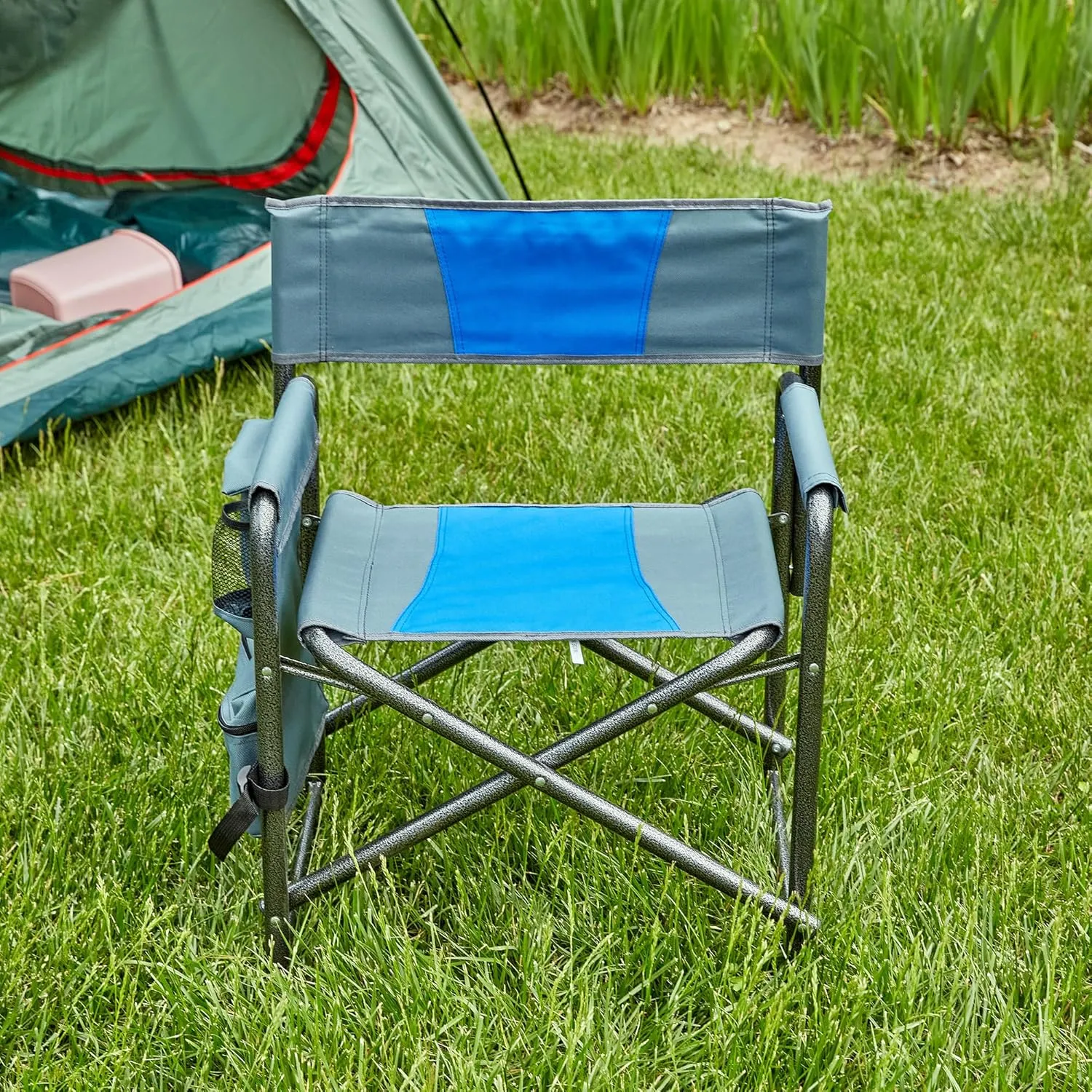 Oversized Padded Folding Chair with Side Table - 400lb Capacity Portable Directors Chair for Camping Picnics Fishing Indoor Outdoor Use Lightweight Oxford Fabric (1-Piece Blue)