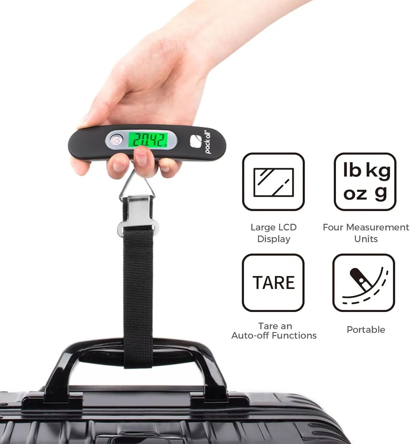 pack all 110 Lbs Luggage Scale, Digital Handheld Luggage Scale, Baggage Scale, Travel Weight Scale for Luggage with Backlit LCD Display, Battery Included, Black
