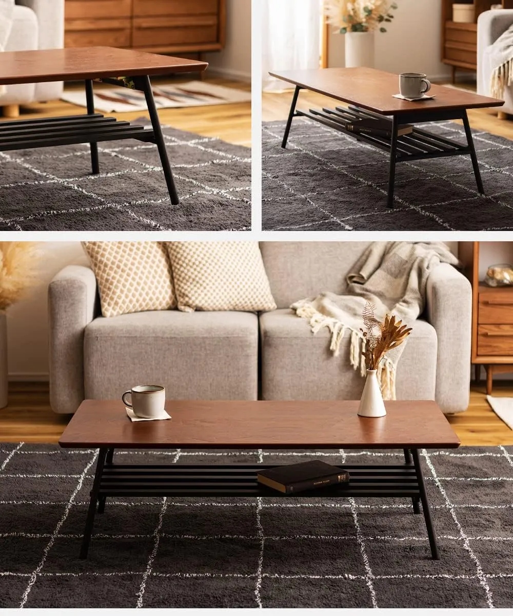 Palette Life Folding Legs Coffee Center Table with Removable Shelf, W41.34 x D18.90 x H13.39 Inches, Natural Walnut Table Top and Steel Legs, Brown, 504BR-FTB