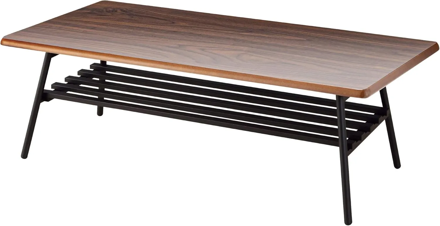PaletteLife Folding Low Table, Storage Shelf, Dark Brown, Japanese Style, W41.34 x D17.72 x H13.39 Inches (W105 x D45 x H34 cm), Mirror Finish, Foldable Iron Legs, Center Table, BLT-504DBR