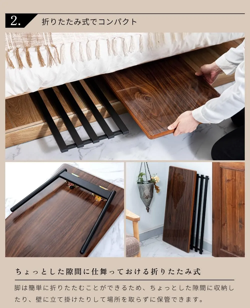 PaletteLife Folding Low Table, Storage Shelf, Dark Brown, Japanese Style, W41.34 x D17.72 x H13.39 Inches (W105 x D45 x H34 cm), Mirror Finish, Foldable Iron Legs, Center Table, BLT-504DBR