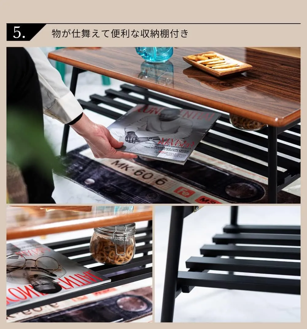 PaletteLife Folding Low Table, Storage Shelf, Dark Brown, Japanese Style, W41.34 x D17.72 x H13.39 Inches (W105 x D45 x H34 cm), Mirror Finish, Foldable Iron Legs, Center Table, BLT-504DBR