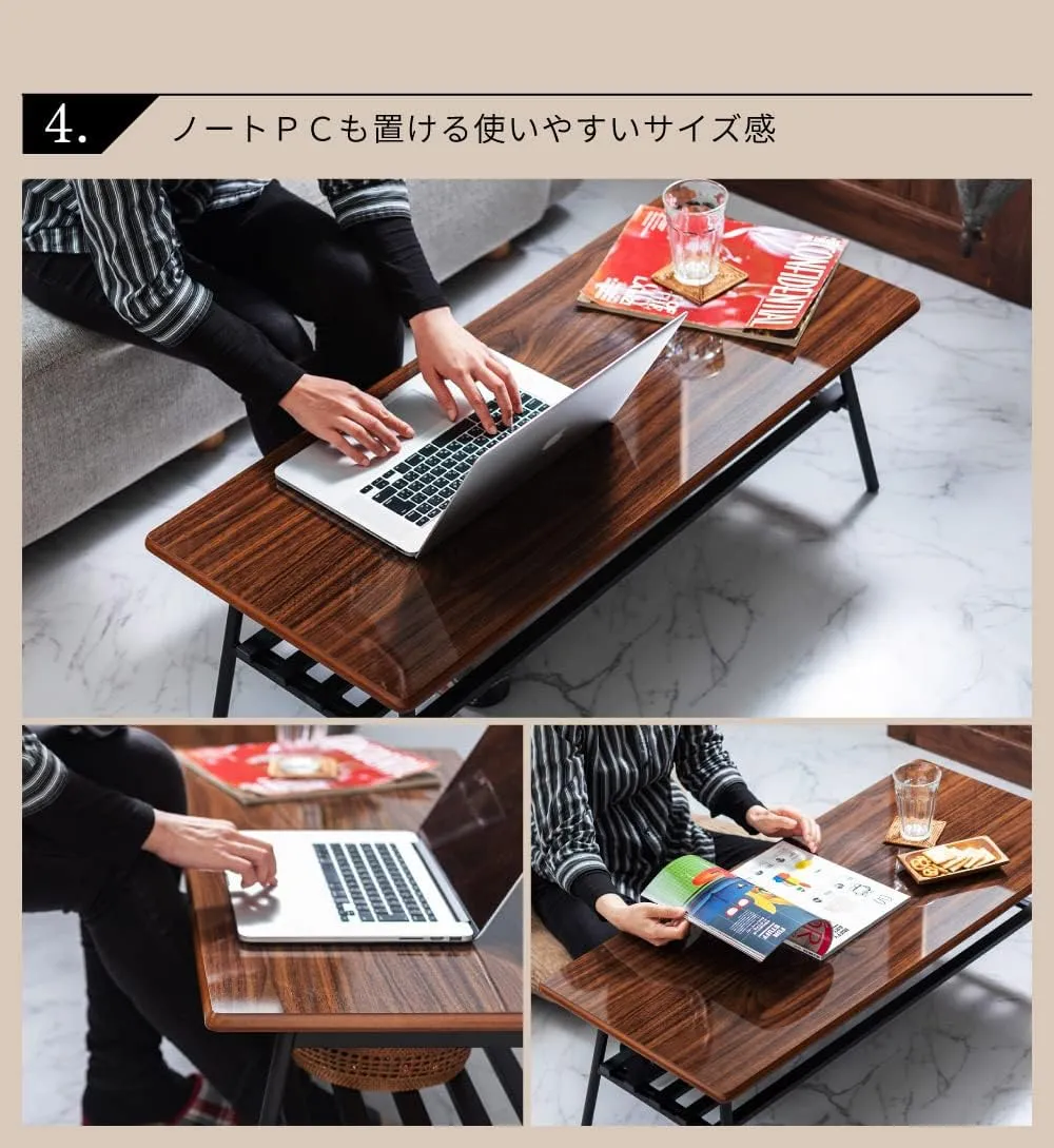 PaletteLife Folding Low Table, Storage Shelf, Dark Brown, Japanese Style, W41.34 x D17.72 x H13.39 Inches (W105 x D45 x H34 cm), Mirror Finish, Foldable Iron Legs, Center Table, BLT-504DBR