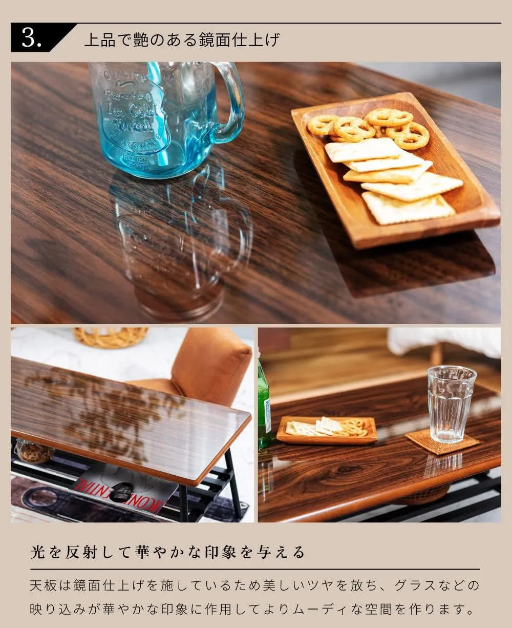 PaletteLife Folding Low Table, Storage Shelf, Dark Brown, Japanese Style, W41.34 x D17.72 x H13.39 Inches (W105 x D45 x H34 cm), Mirror Finish, Foldable Iron Legs, Center Table, BLT-504DBR