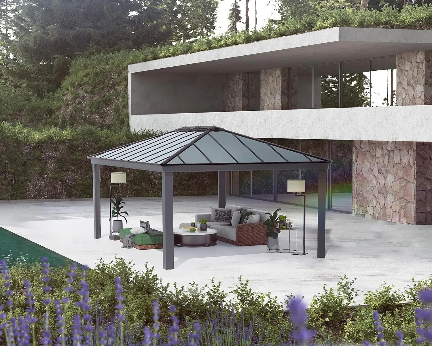 Palram - Canopia Dallas 20x14 Gazebo, Outdoor Patio Canopy with Gray Aluminum Metal Frame, Polycarbonate Roof Panels, UV Protection, Rain Gutters, Vents, Year-Round Use, Easy DIY Outdoor Canopy