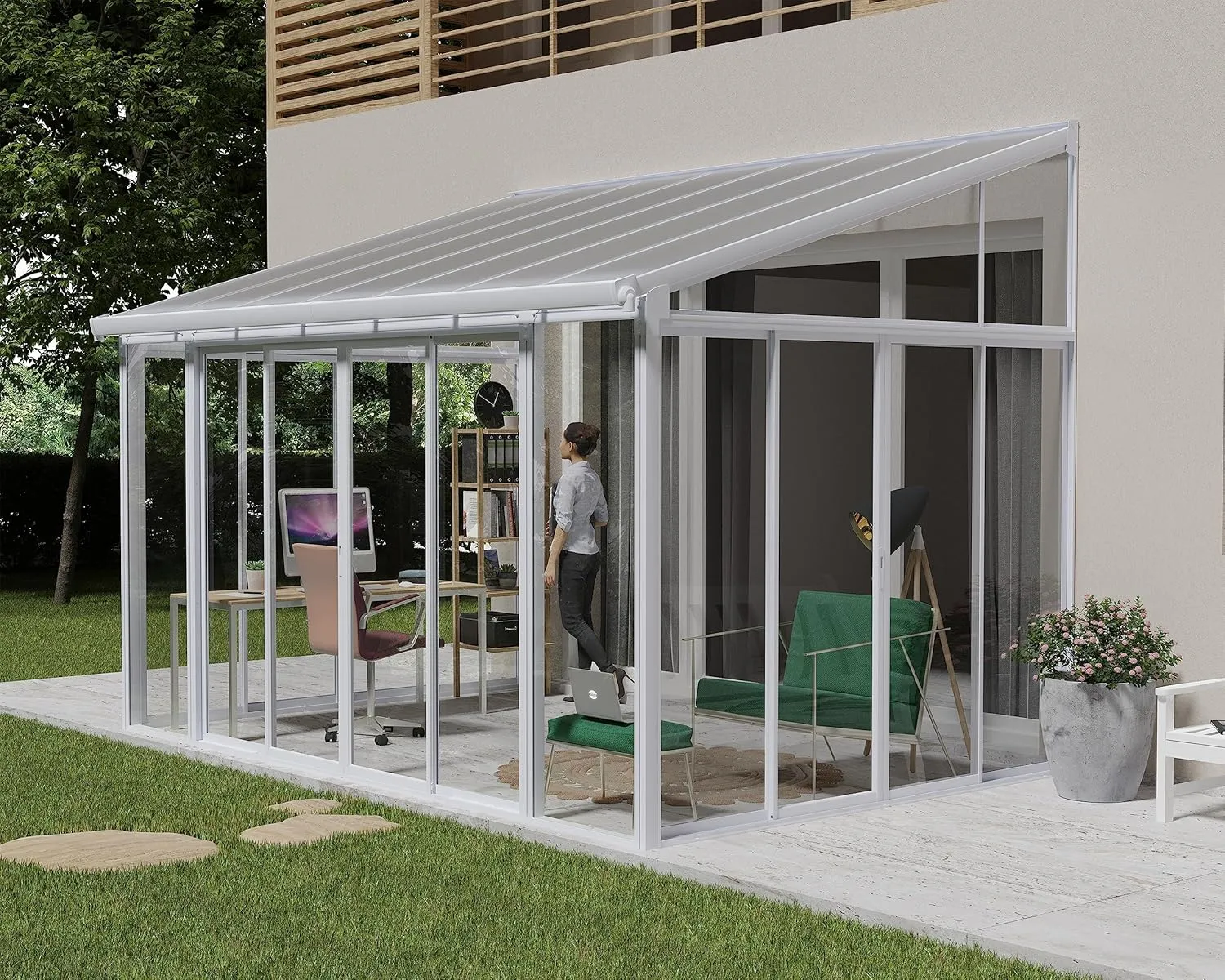 Palram - Canopia Sanremo 10x14 Enclosed Patio Cover Outdoor Canopy, White DIY Sunroom Kit Lean to Gazebo with Walls to Cover Patio Furniture, Deck, & Porch, UV Protected Polycarbonate Shelter