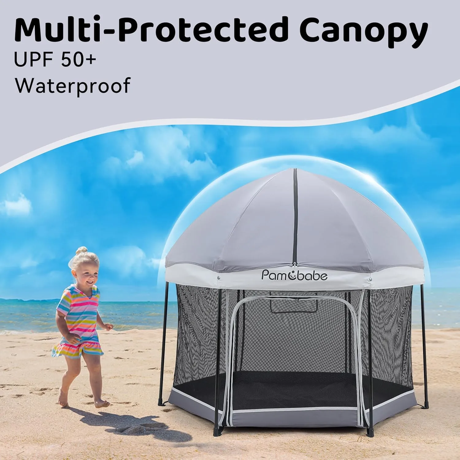 Pamo Babe Travel Playpen with Sun Protection Canopy - Play Yard for Babies and Toddlers - Baby Tent with Zipper Door